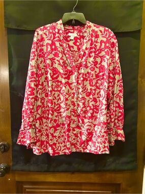 Womens Classy Linen Hot Pink and Taupe Blouse ~ Perfect for Seasonal Layering!
